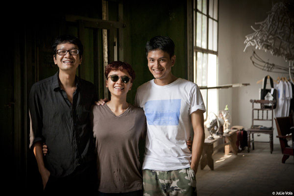 The Nha San Collective team in their new art space: Thanh, Phuong Linh and Nam