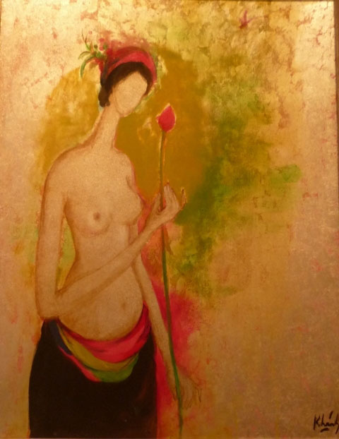 Girl and The Pink Lotus--ao Anh Khßnh-Mixed Media-70x90cm-$2000