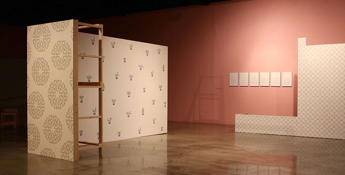 Hyejin Jo, Gireum Newtown Series, Wooden materials, Printing on silk wallpaper, A wall recreated on 1:1 scale, 2015, Photo courtesy of the artist