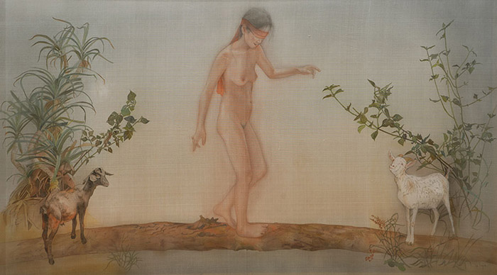 Lê Thúy, Thăng Bằng, Màu nước trên lụa, 78 x 138 cm